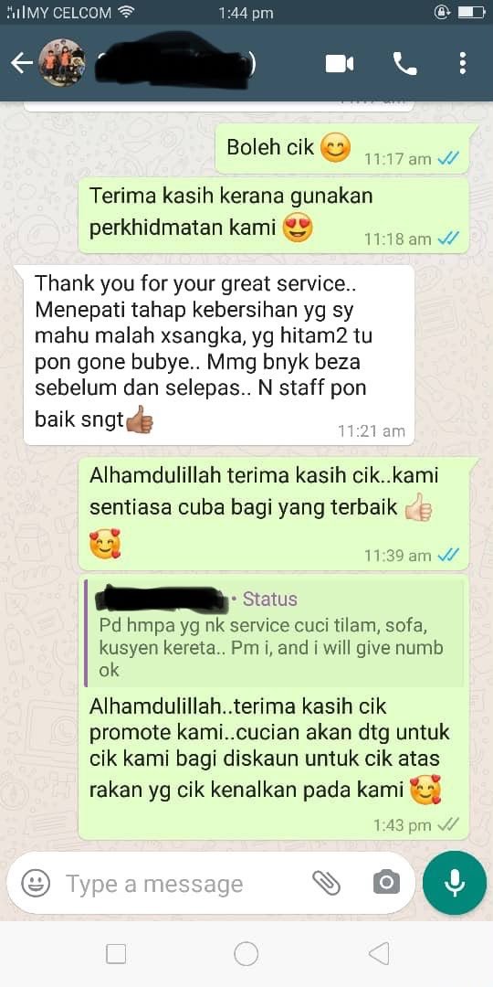 Maklum balas pelanggan mengenai servis dan tahap kebersihan