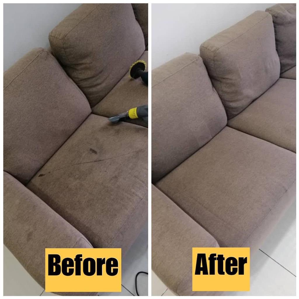 Hasil cucian sofa coklat sebelum dan selepas